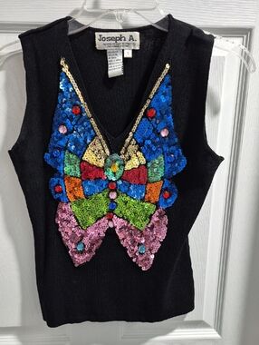 Joseph A Black Sweater Vest with Multicolor Sequin Butterfly Motif